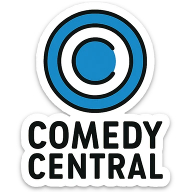 modern icon style Comedy Central logo animation over a yellow background, black current Comedy Central logo dropping down to the middle, Comedymark spinning slightly, company name rolling in next to it until both reach the center sticker