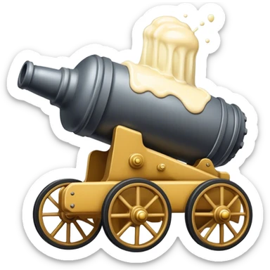 Cannon on two wheels that has some mayonnaise dripping out of the front sticker