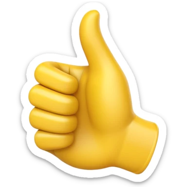 Apple-style 3D illustration of a single yellow emoji hand giving a thumbs up gesture, glossy and rounded, centered on a clean white background, soft shadow underneath, isolated and minimal design sticker