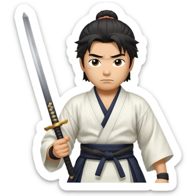japanese samurai holding samurai sword he is wearing white kimono he has muscles and black messy hair  sticker