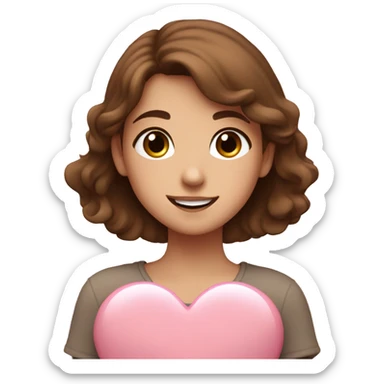 A European girl with brown hair and big brown eyes hugging a light pink heart and smiles a little bit  sticker