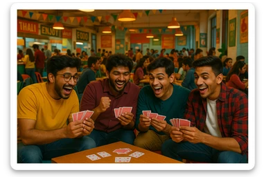 Add a lively Indian college canteen background while keeping the four boys playing tash as the main focus of the image. sticker