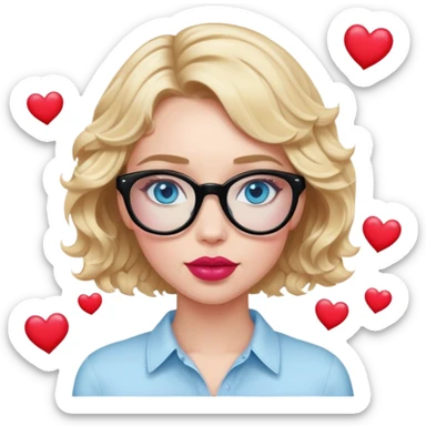 Blonde woman with short wavy hair, blue eyes and pink lips wearing black glasses, in love with read hearts floating above her sticker