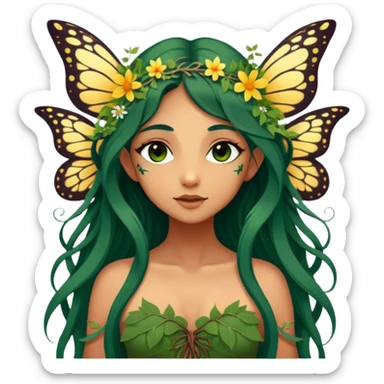Cinematic Realistic Forest Nymph Fairy Portrait, depicted with lifelike, sun-kissed tanned skin that radiates an earthy glow, softly illuminated by natural, dappled light. Her long, flowing dark green hair is intricately detailed and interwoven with delicate vines and wildflowers, while her deep, soulful eyes mirror the wisdom of the forest. Dressed in an attire inspired by nature’s palette—with subtle botanical motifs—the portrait exudes a soft, enchanted glow that melds realism with woodland magic showing her large butterfly wings. sticker