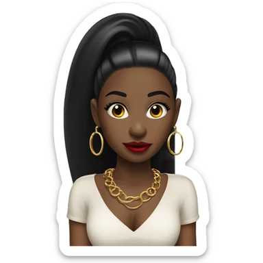 Black girl with long black straight hair and red lipstick with gold hoop earrings and and a gold necklace  sticker