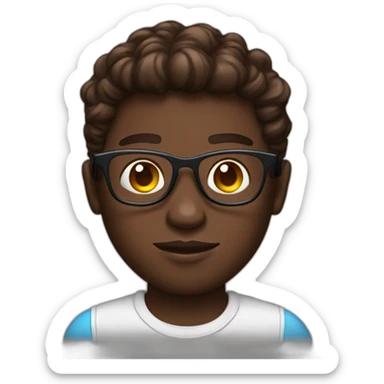 a chocolate skin boy with blue eyes, crypto shirt, glasses and a crown of bitcoin sticker