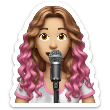 Caucasian woman with long brown hair and pink highlights, with a microphone singing sticker