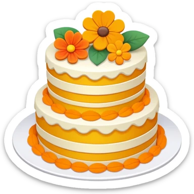 Double Ninth Festival Chongyang cake with layers and flower decorations, simplified emoji style with bold outlines and bright colors, cartoon style traditional autumn pastry sticker