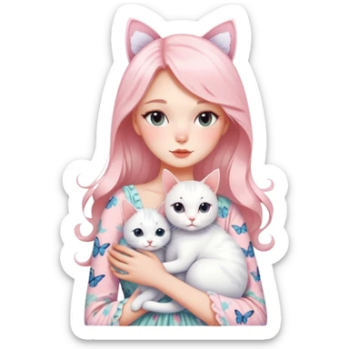 Gorgeous- pastel- lady -with -blushing -butterfly -pattern- hugging- a- white- cat-aesthetic- trendy -style sticker