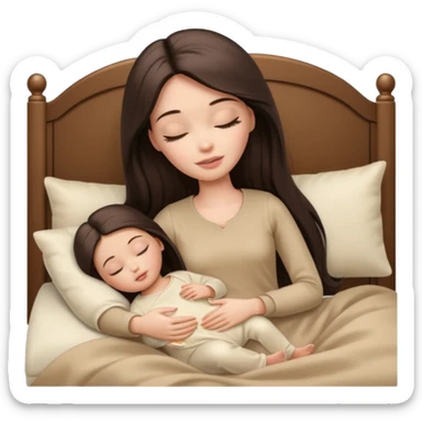 White Barbie girl dark brown long straight hair in beige clothes sleeping with white baby at cream bed sticker