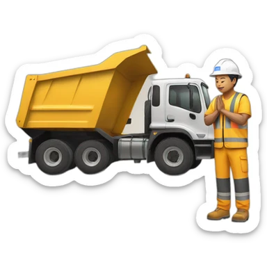 asian construction worker with hands in prayer standing in front of a DUMP TRUCK sticker