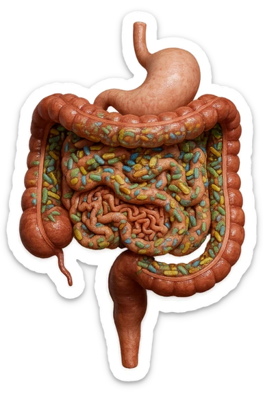 INTESTINO UMANO ANATOMICO CON ALL'INTERNO PIENO DI BATTERI INTESTINALI, IPERREALISTICO 4K sticker