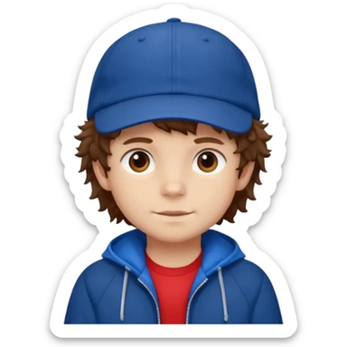 brown fluffy hair kid with blue and white cap dark blue jilet red t shirt sticker