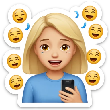 Girl crying laughing at a funny video on her phone. More emoji style. Less realistic sticker