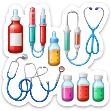 stethescope, heel lancet, medication, baby blood tubes, monitoring cables, baby bottle, cute scrapbooking paper,  sticker