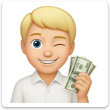 Emoji style, blonde man, blue eyes, white shirt, holding money, winking, no facial hair sticker