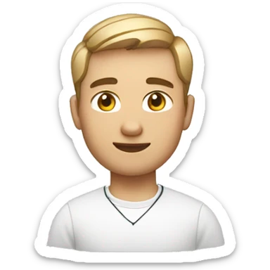 developer with a MacBook and AirPods with white shirt and short hair sticker
