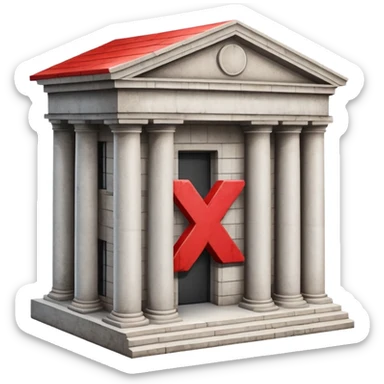 bank building with a single large red X over it sticker