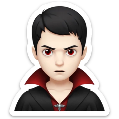 Vampire boy with the short black hair, pale scin, black eyes, little fangs and dark circles under his eyes. He has serious face sticker