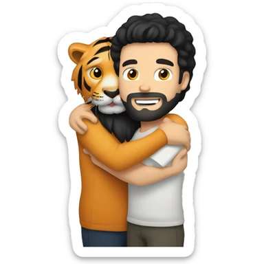 a caucasian guy with black hair and beard hugging with a tiger sticker