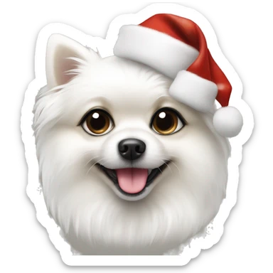 White dog pomeranian shpitz with black eyes wearing Christmas hat  sticker