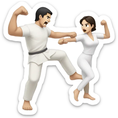 A pale half Asian man with short dark hair fighting a white woman with long wavy brunette hair sticker