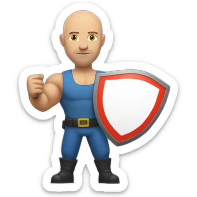 Bald muscular Man with a big round traffic sign in his hand which he uses as a shield sticker
