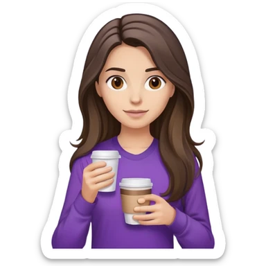 Long haired brunette with highlights holding coffee in a purple shirt sticker