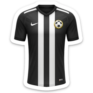 Soccer jersey emoji, cartoon emoji style, front view, black football shirt with a bold vertical white stripe in the center, clean and minimal design, no logo, no sponsor, short sleeves, black round collar, sticker