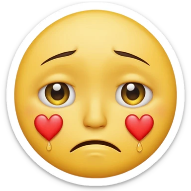 A yellow circular frowning face that is crying, with hearts floating from top to bottom sticker
