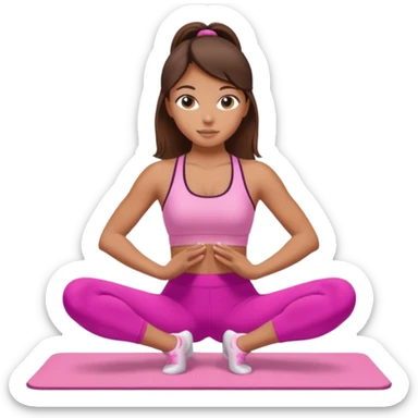 A tanned girl with brunette hair in her 20’s doing Pilates wearing a ALO pink workout set  sticker