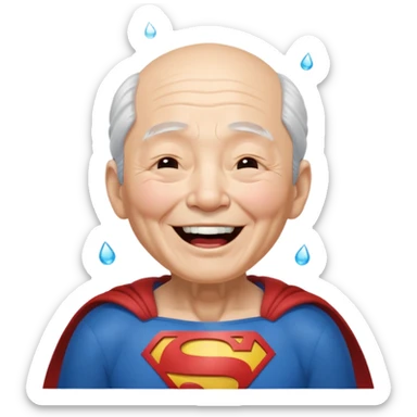 Chinese elderly dressed as Superman laughing exeedingly with closed eyes and tear drops sticker