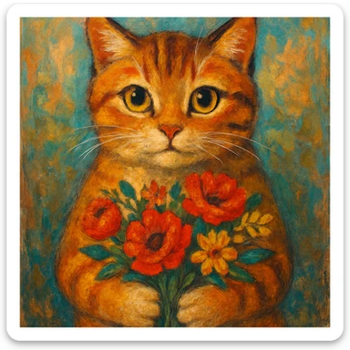 a cat holding flowers, diverse artistic styles, style 2 sticker