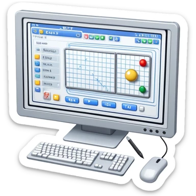 Emoji for Game Design: computer screen with Professional game interface, 3D models, pixel art, and design tools like grid, wireframe, and stylus. Symbolizes the technical and creative process of game development. Transparent background. sticker