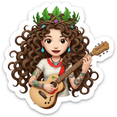 woman with long curly brown hair, brown eyes, white skin, tattoos, wearing a mushroom crown and tuning a neon vine guitar, mischievous rock grin sticker