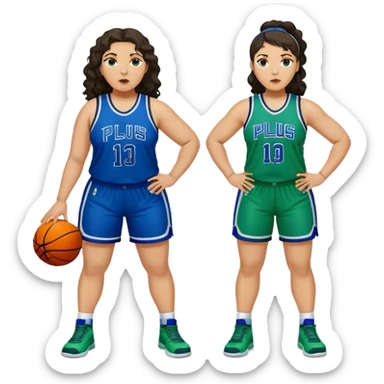 full body plus size light skin latino women basketball player with wavy dark hair large wide nose wearing blue with green uniform sticker