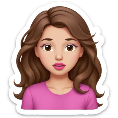 girl with long wavy brown hair, brown eyes, light to medium complexion, in a pink shirt, pink lips, long lashes, puckering lips kissing, winking sticker