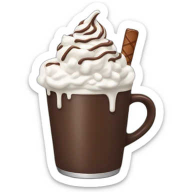 hot chocolate with whipped cream and a chocolate stick sticker