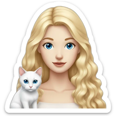 White woman with long blonde hair, blue eyes, white cat with heterochromia sticker