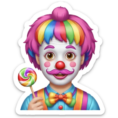 Funny clown — rainbow wig, mustache, candy in hand sticker