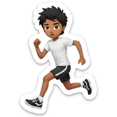 generate a pretty bratz brown skinned boy with black messy hair wearing a white tshirt and black running shorts. running on the street with white sneakers sticker