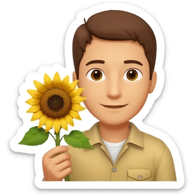 man holding a sunflower portrait, head and shoulders only, gentle smile, sunflower visible in hand, warm positive vibe, 3D cartoon style, mobile game icon style, clean background, no text, no watermark
 sticker