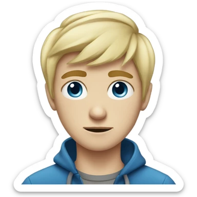 Blond teen boy with medium short hair, blue eyes, glum sticker