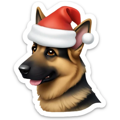 German shepherd doing a head tilt with a Santa hat sticker