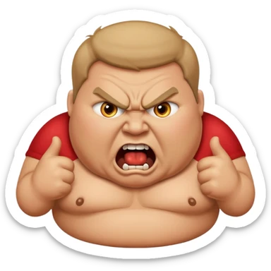 obese man shouting with bulging eyes and angry expression, the word 'PRONOUNS' at the top, Apple emoji style sticker