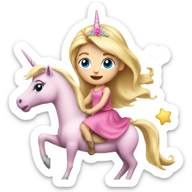 Little girl, long blonde girl, blue eyes in a princess dress riding a big pink unicorn  sticker