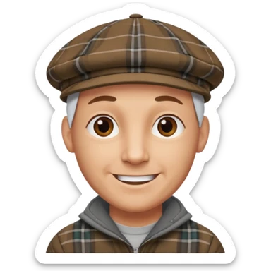 a bald man wearing a grey and brown tratan flap cap looking really hopeful sticker