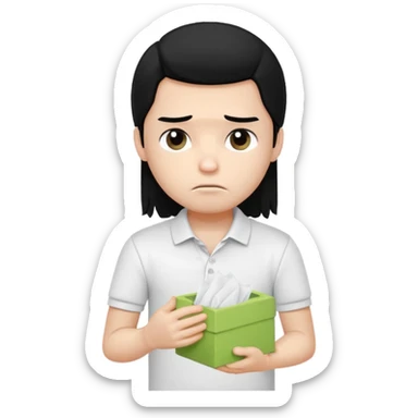 generate a pretty bratz boy with long black hair, wearing a white polo shirt. Looking sad, holding a box of tissues sticker