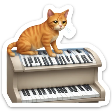 tan-red cat wearing a light-blue t-shirt taps musical keyboard sticker