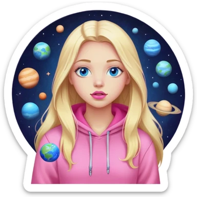 A cinematic realistic blonde with long hair, blue eyes and pink lips wearing a pink hoodie stands and watches the planets rotate sticker